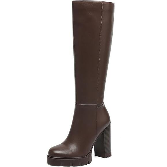 Womens Chunky Block Heel Round Toe Brown Knee High Faux Leather Platform Boots 9 - Picture 1 of 6